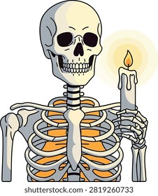 Vector illustration of a human skeleton holding a burning candle, perfect for Halloween, death themes, and dark art designs on a white background.