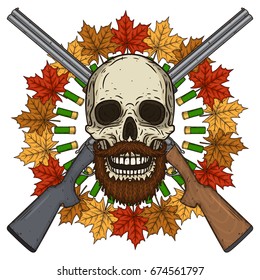 Vector illustration of human skull with beard, mustache, ?wo crossed shotgun, Bullets and maple leaves in hand drawn style.