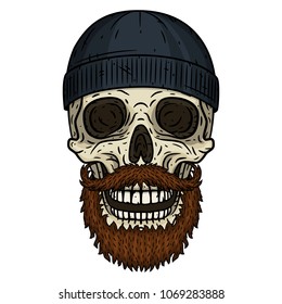 Vector illustration of human skull with black hat, beard and mustache in hand drawn style