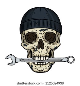 Vector illustration of human skull in black hat with wrenche. Vector skull with spanner