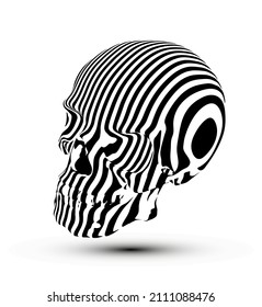 Ilustración vectorial del cráneo humano en franjas blancas y negras aisladas sobre fondo blanco.