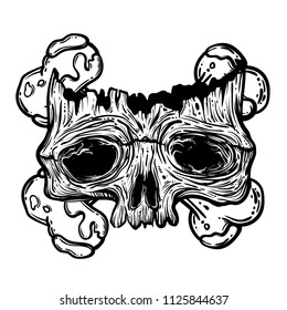 Vector illustration with a human skull and bones. Gothic brutal skull. For print t-shirts or book coloring.