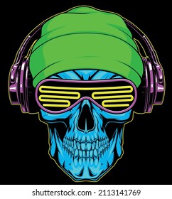 Vector illustration, a human skull in a cap and headphones, on a black background.