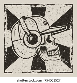 Vector illustration of human skull in cap and with headphones listening to music. Skull music side view vintage grunge design for t-shirt or print.