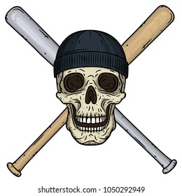 Vector illustration of human Skull with crossed baseball bats and black hat