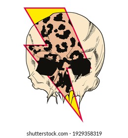 Vector illustration of a human skull crossed by lightning bolt symbol with animal print texture