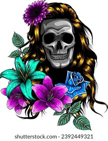 vector illustration of Human skull and flower wreath on white background.