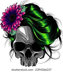 vector illustration of Human skull and flower wreath on white background.