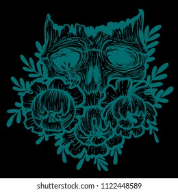Vector illustration with a human skull and flowers. Gothic brutal skull. For print t-shirts or book coloring.