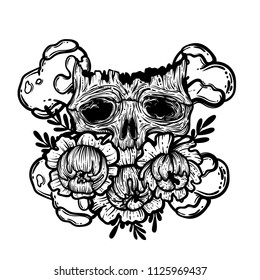 Vector illustration with a human skull and flowers. Gothic brutal skull. For print t-shirts or book coloring.