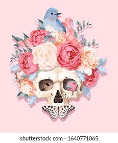 Vector illustration with human skull and flowers