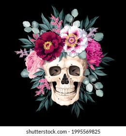 Vector illustration with human skull and flowers