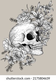 Vector illustration of a human skull in flowers in the style of engraving