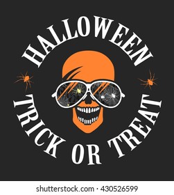 vector illustration of a human skull with glasses and spiders Halloween is not a black background