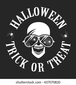 vector illustration of a human skull with glasses and spiders Halloween is not a black background
