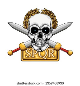Ilustración vectorial de cráneo humano con corona de laurel dorado, dos espadas romanas y tablero con palabra SPQR, el acrónimo clásico del imperio romano que significa El Senado romano y el pueblo