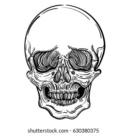 Vector illustration with a human skull. Gothic brutal skull. For print t-shirts or book coloring.