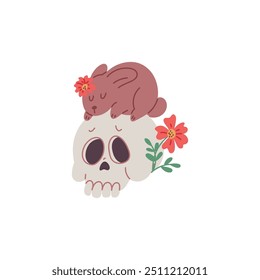 Vector illustration with a human skull and a hare sleeping on it among flowers. The perfect decoration for Halloween or Day of the Dead celebrations