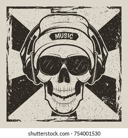 Vector illustration of human skull in hat, glasses and with headphones listening to music. Skull music vintage grunge design for t-shirt or print.