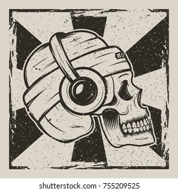 Vector illustration of human skull in hat and with headphones listening to music. Skull music side view vintage grunge design for t-shirt or print.