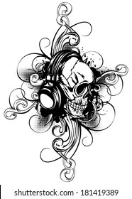 Vector illustration human skull with headphones and patterns