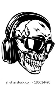 Vector illustration human skull with headphones and sunglasses