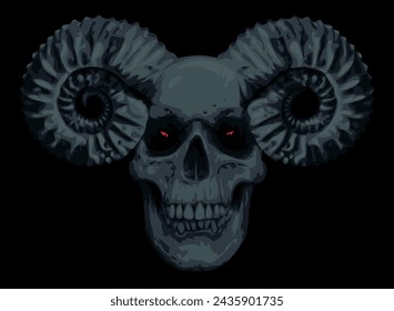 Vector illustration with human skull with horns ram in grunge style. The symbol of Satanism Baphomet