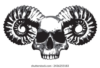 Vector illustration with human skull with horns ram in grunge style. The symbol of Satanism Baphomet