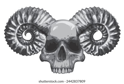 Vector illustration with human skull with horns ram in grunge style. The symbol of Satanism Baphomet