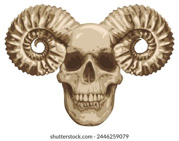 Vector illustration with human skull with horns ram in grunge style. The symbol of Satanism Baphomet