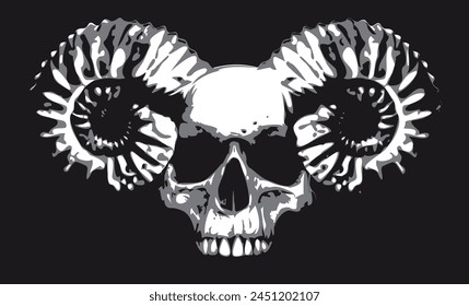 Vector illustration with human skull with horns ram in grunge style. The symbol of Satanism Baphomet