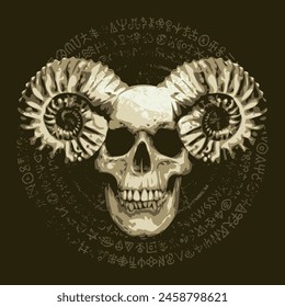 Vector illustration with human skull with horns ram, pentagram, occult and witchcraft signs in grunge style. The symbol of Satanism Baphomet and magic runes written in a circle.