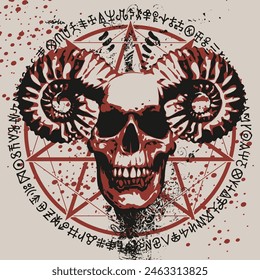 Vector illustration with human skull with horns ram, pentagram, occult and witchcraft signs in grunge style. The symbol of Satanism Baphomet and magic runes written in a circle.