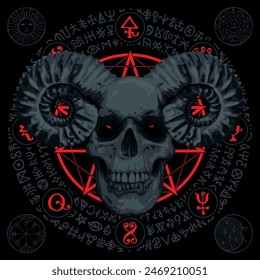 Vector illustration with human skull with horns ram, pentagram, occult and witchcraft signs in grunge style. The symbol of Satanism Baphomet and magic runes written in a circle.