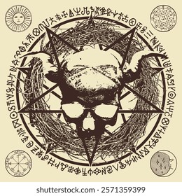 Vector illustration with human skull with horns, pentagram, occult and witchcraft signs, sun and moon in grunge style. Satanism symbol Baphomet blood in circle