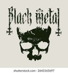 Ilustração vetorial com crânio humano e inscrição black metal em estilo grunge sobre fundo escuro. Símbolo de Satanismo, Baphomet. Design de camiseta, cartaz, banner, capa de música, folheto. Nenhuma IA usada