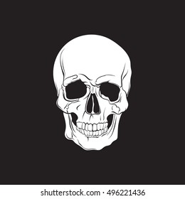 Vector illustration of human skull isolated in hand drawn realistic style. Template for business card poster flyer and banner.