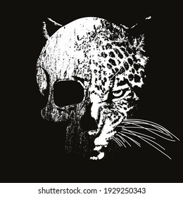 vector illustration of a human skull mixed with leopard head. Design for t-shirts or posters.