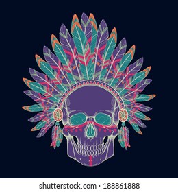 Vector illustration of human skull in native American Indian chief headdress