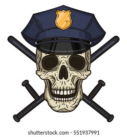 Vector illustration of human skull in police cap and crossed police baton in hand drawn style