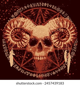 Ilustración vectorial con cráneo humano con cuernos de carnero y plumas de cuervo, manchas de sangre, pentagrama, Iniciar sesión ocultos y brujería estilo grunge. El símbolo del satanismo y las runas mágicas escritas en círculo
