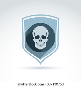 Vector illustration of human skull in shield. Dead head abstract symbol, cranium icon.