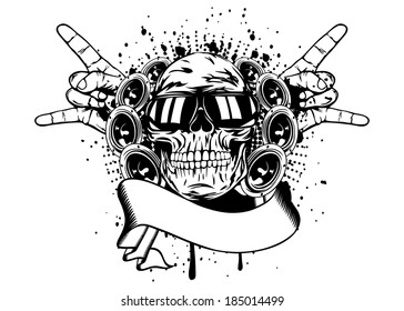 Vector illustration human skull in sunglasses, gesture by hand "rock" and speakers