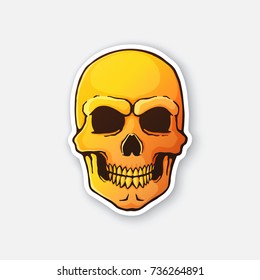Vector illustration. Human skull with a terrible smile. Fiery bloody evil skull head. Symbol of death. Sticker in cartoon style with contour. Isolated on white background