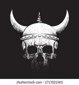 Vector illustration for human skull t-shirt with viking helmet on black background