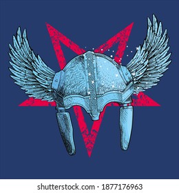 Vector illustration for human skull t-shirt with viking helmet whit wings and diabolic inverted star