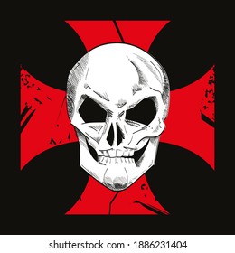 Vector illustration for human skull t-shirt on red cross isolated on black. Vector illustration for t-shirts.