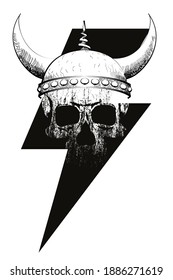 Vector illustration for human skull t-shirt with viking helmet  in the symbol of lightning. Ideal image for comic magazine cover.