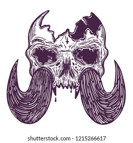 Vector illustration with a human skull with tusks. Gothic brutal skull. For print t-shirts or book coloring.