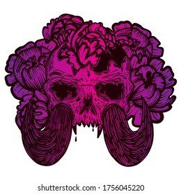 Vector illustration with a human skull with tusks and flowers. Gothic brutal skull. For print t-shirts or book coloring.